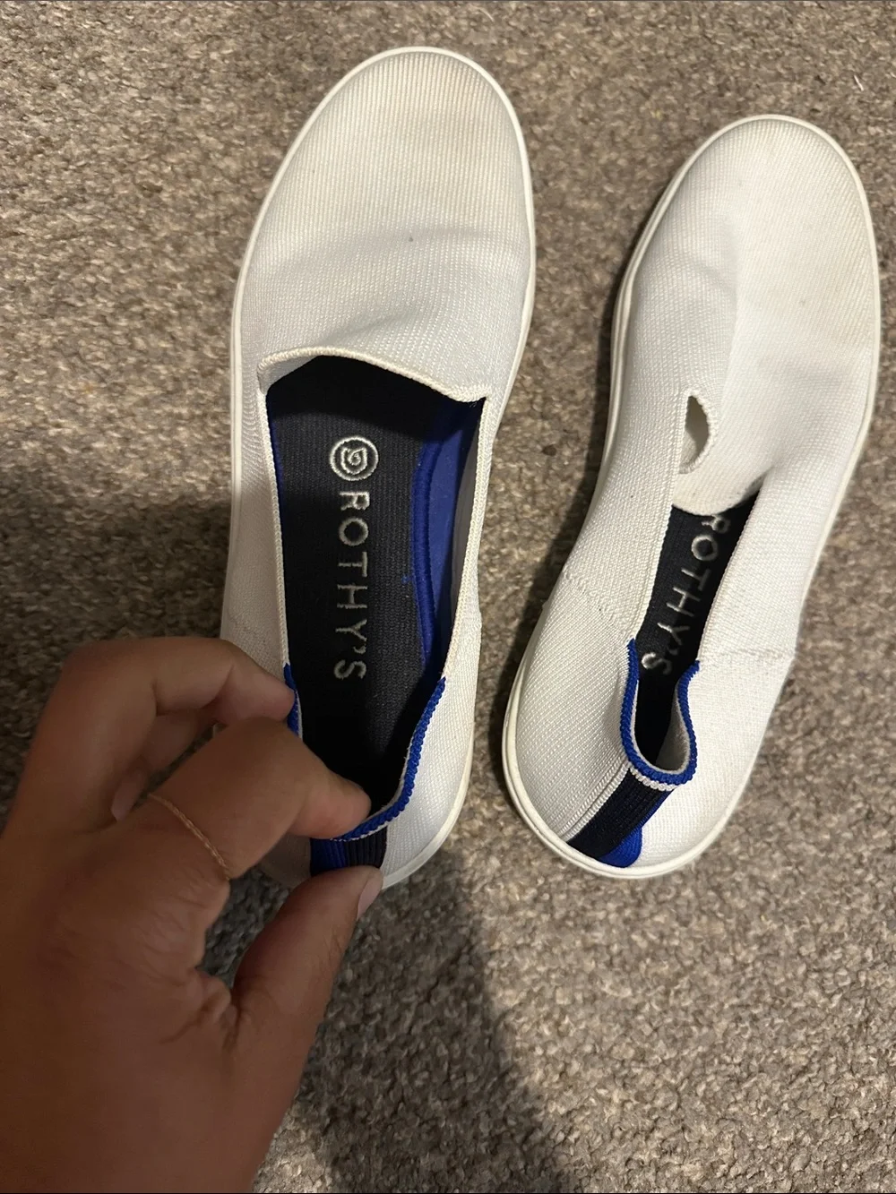 Rothy's White Slip-On Knit Loafers with Navy Insole Detail